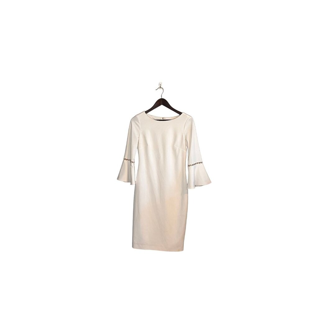 Calvin Klein Women's Solid Sheath with Detailed 3/4 length Bell Sleeve Cocktail